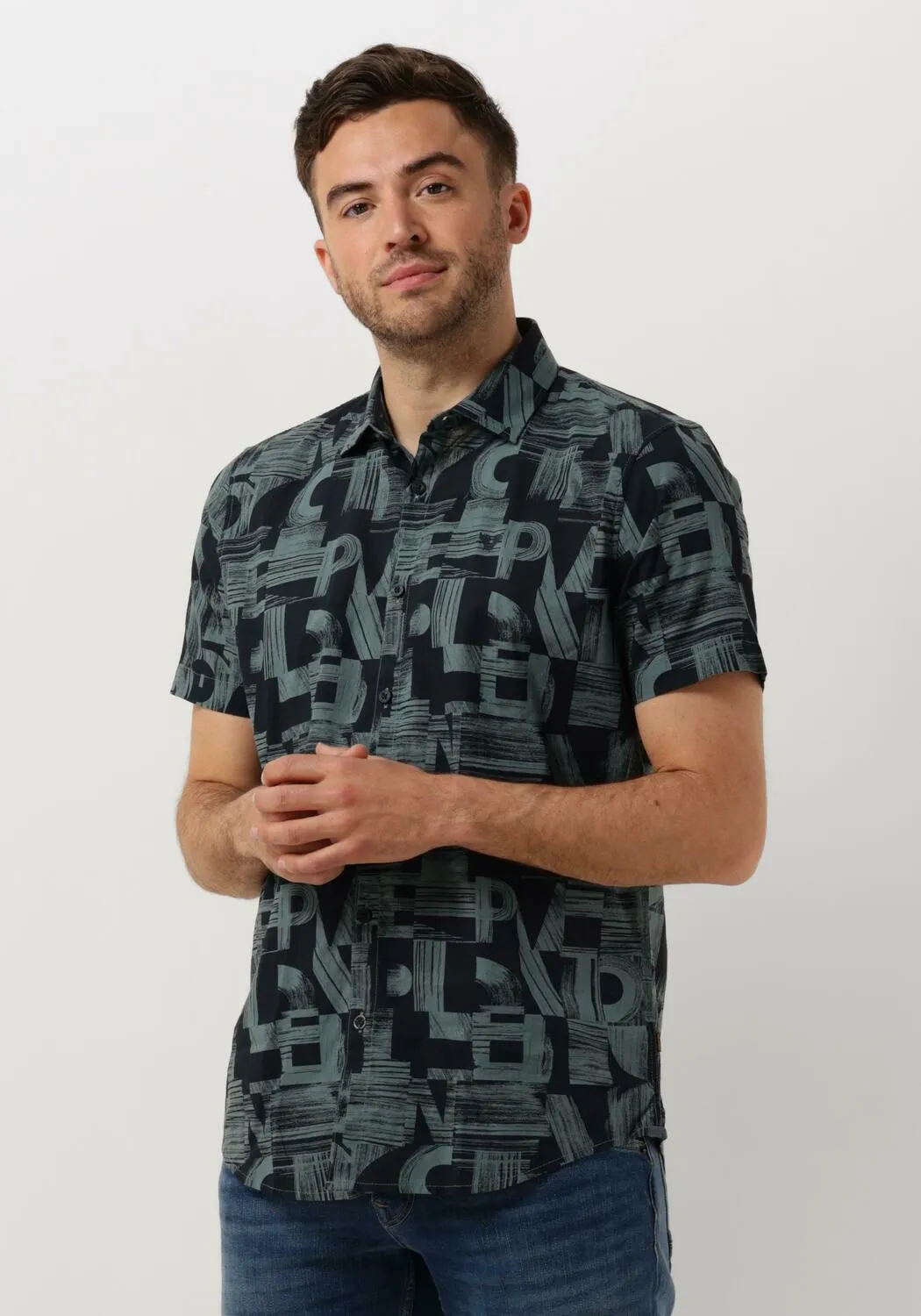 groene pme legend casual overhemd short sleeve shirt print on ctn slub
