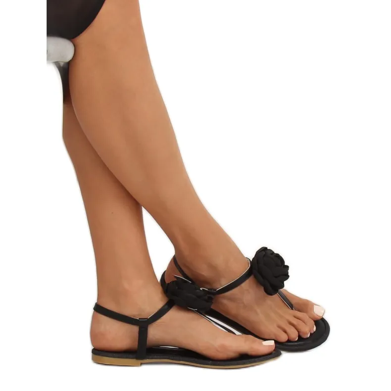 Zwarte sandalen met bloem T314P Zwart